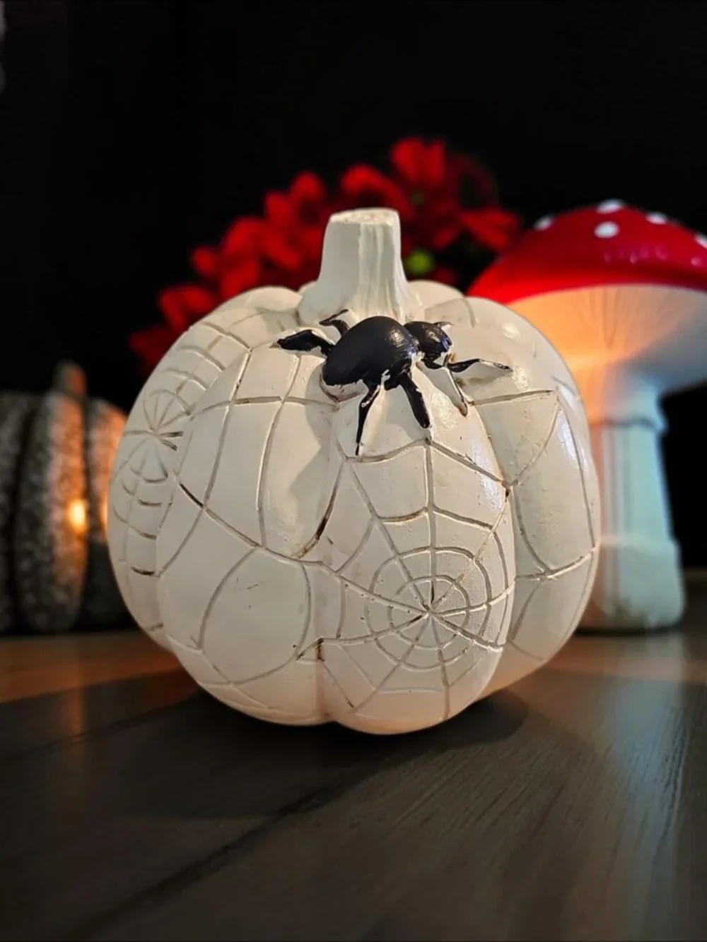 Spooky Pumpkin Décor – White Pumpkin with Spider & Web Carvings – Halloween